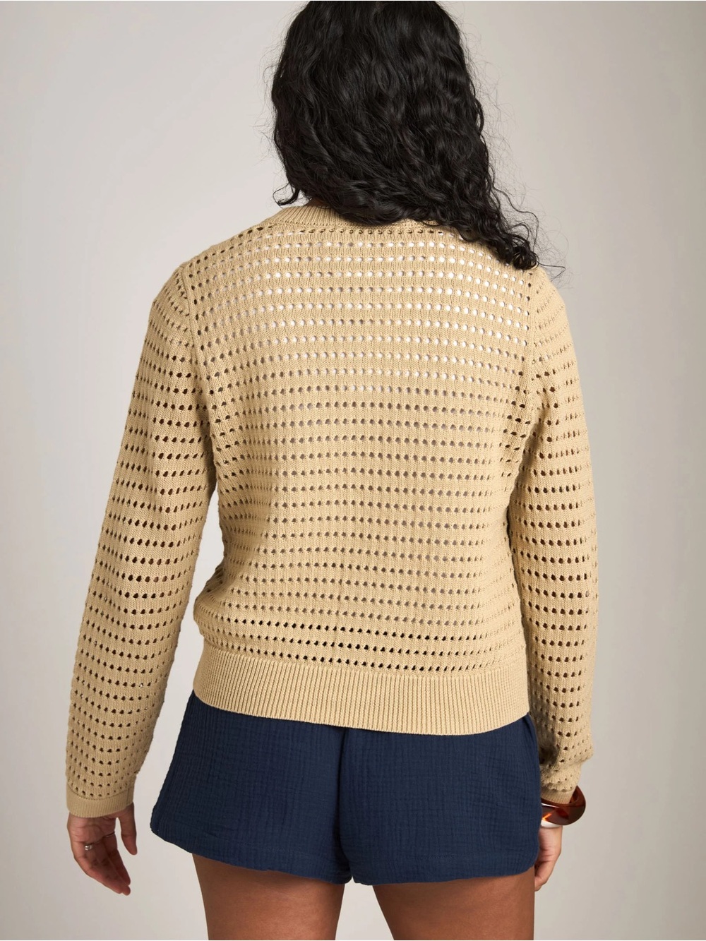 Beige Openwork Knit Button-Up Cardigan - Picture 2 of 5